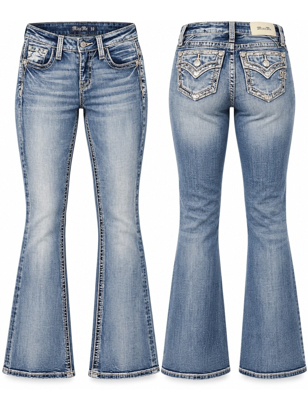 Miss Me Youth Girls 10 Mid Rise Flare Jeans Blue Embellished Bootcut Western Y2K